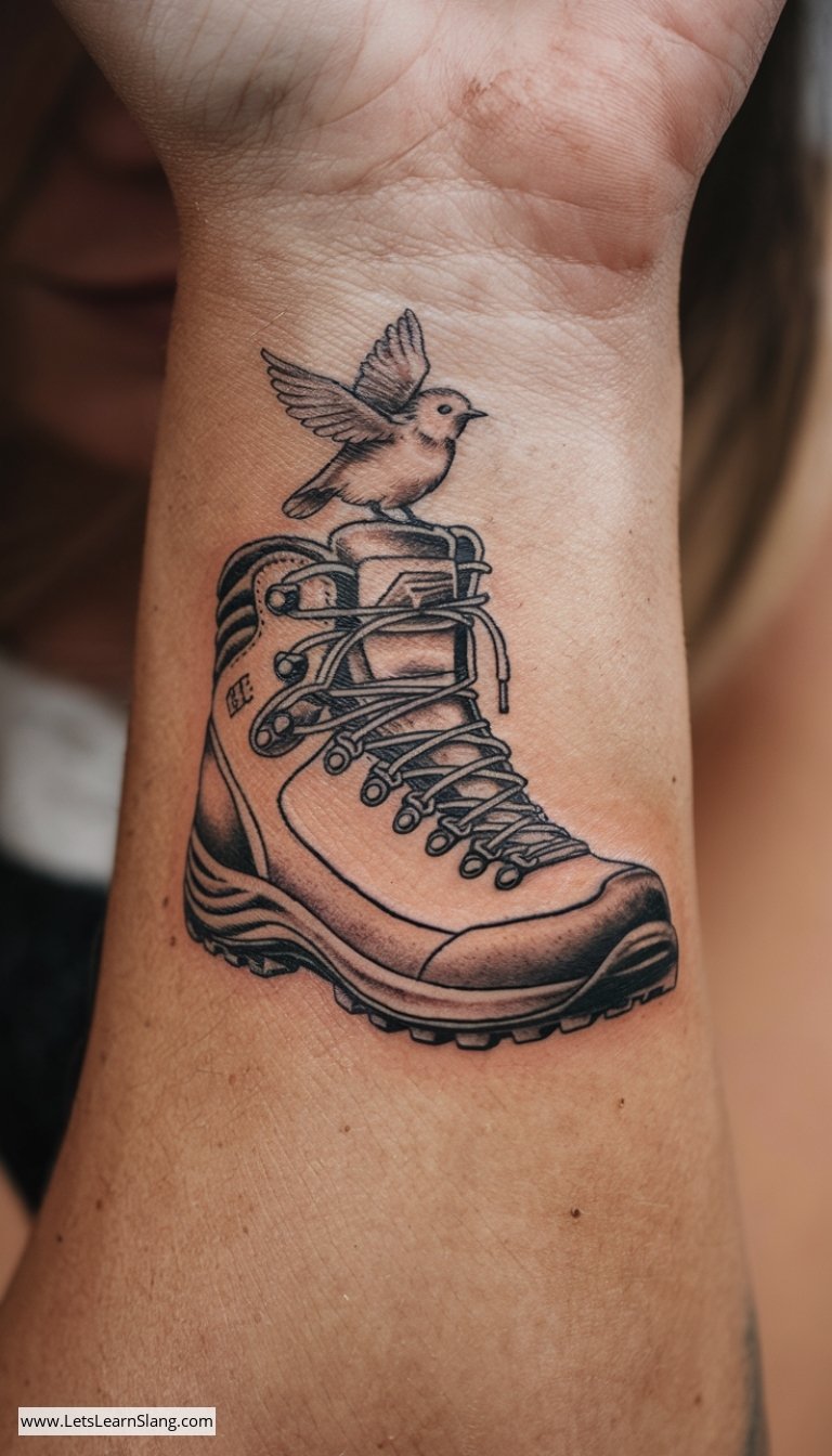 Hiking Boot and Bird Wrist Tattoo