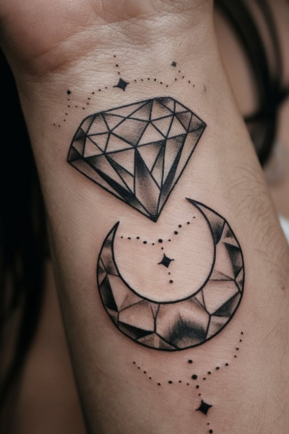 Intertwined Diamond and Moon Wrist Tattoo