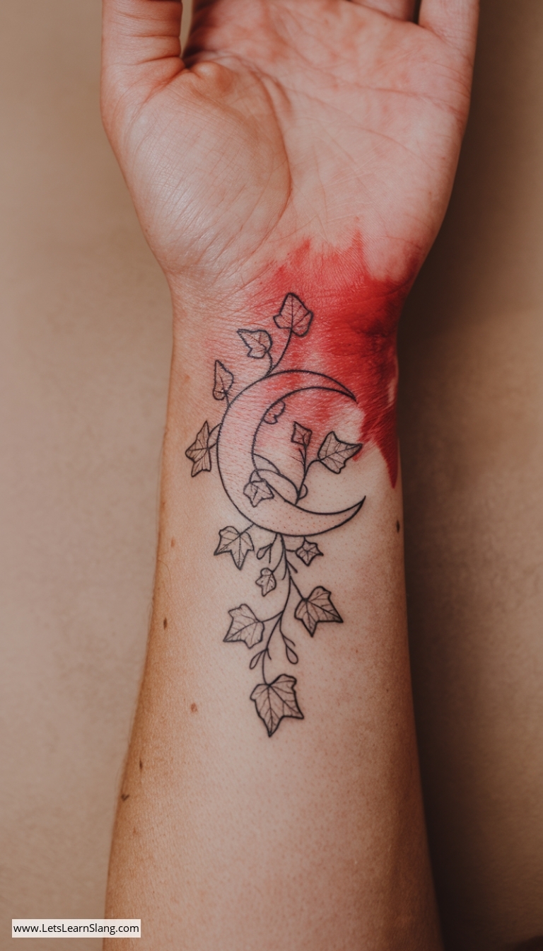 Ivy-Entwined Crescent Moon Tattoo