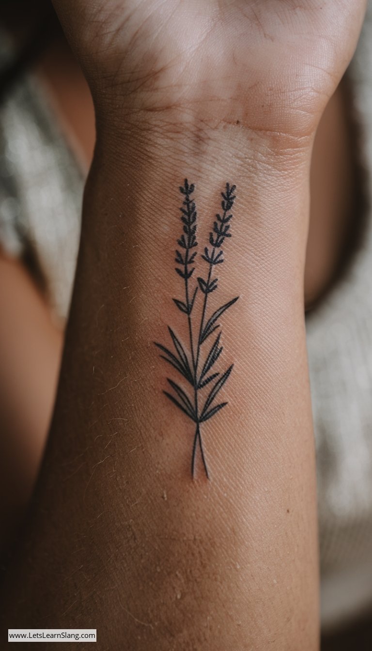 Lavender Sprig Wrist Tattoo