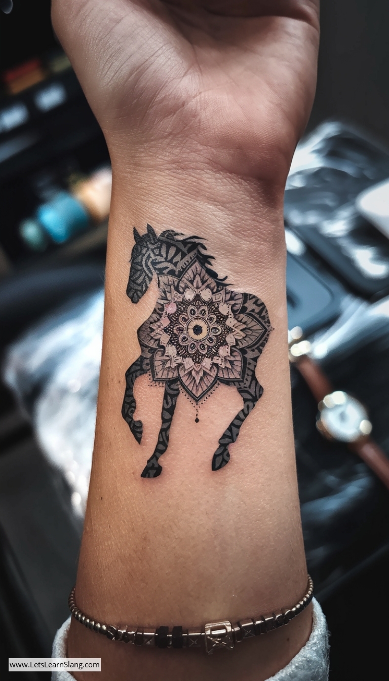 Mandala Horse Silhouette Wrist Tattoo