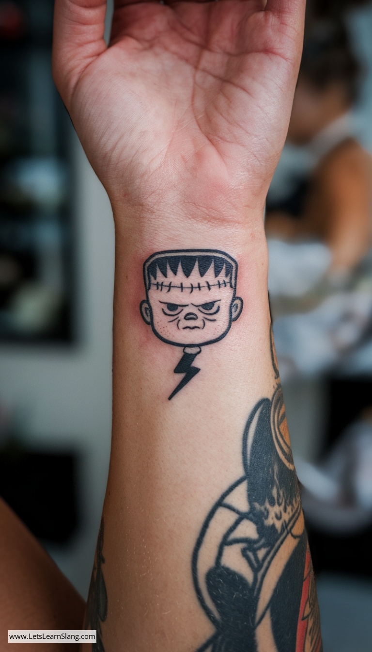 Mini Frankenstein's Monster Wrist Tattoo