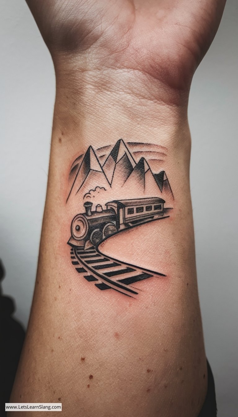Miniature Mountain Train Wrist Tattoo
