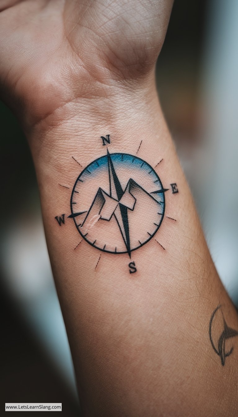 Minimalist Compass and Mountain Wrist Tattoo