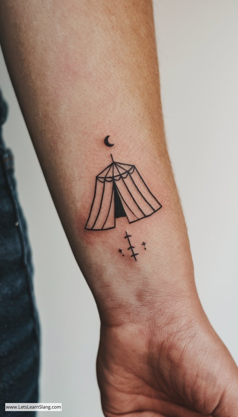 Minimalist Tent and Moon Wrist Tattoo