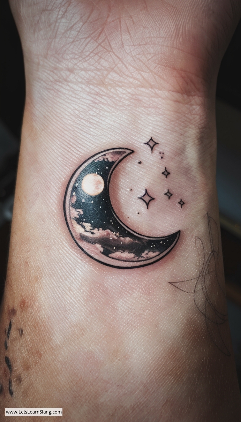 Mirror-Finish Crescent Moon Tattoo