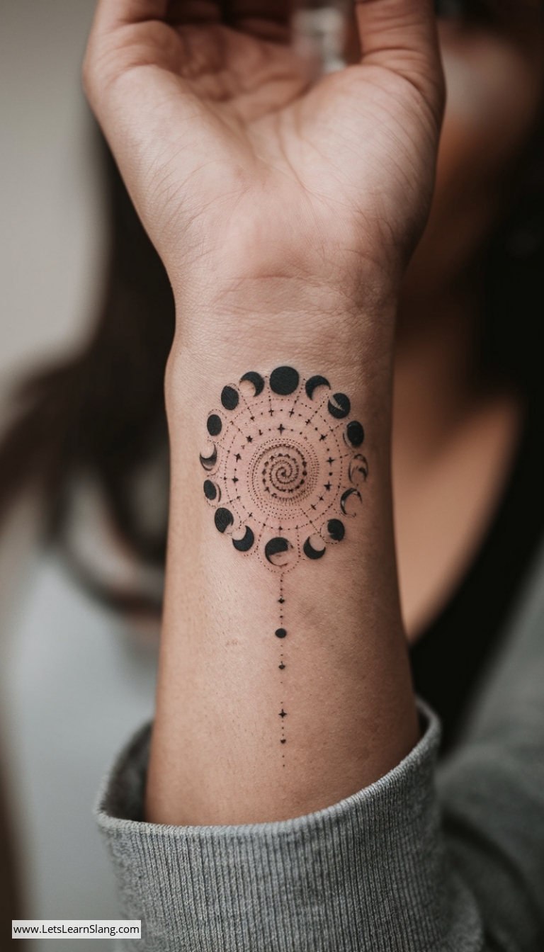 Moon Phases Spiral Wrist Tattoo