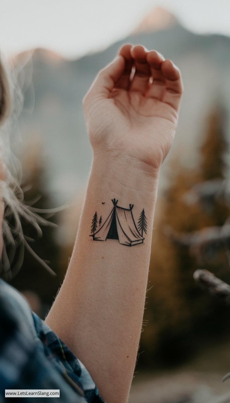 Mountainscape Tent Tattoo on Wrist