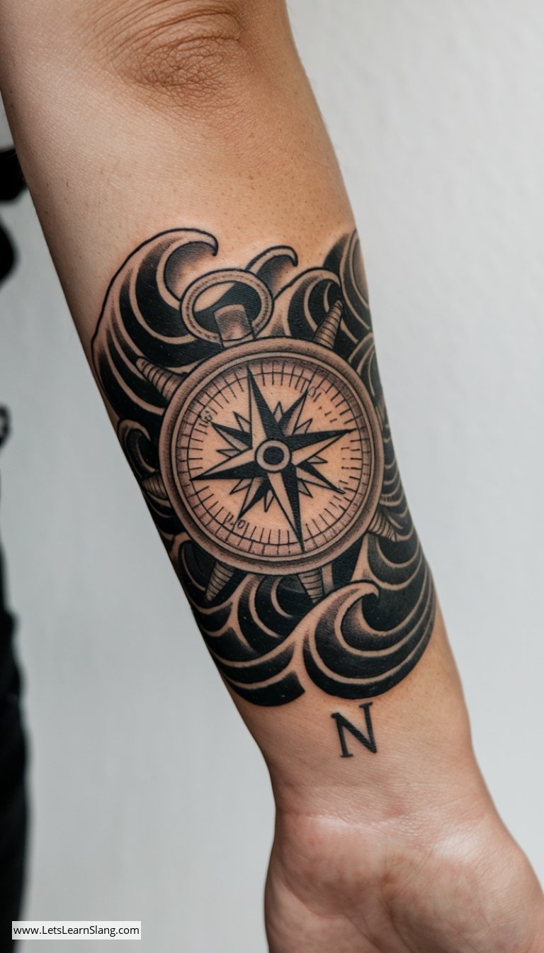 Nautical Compass and Waves Wrist Tattoo