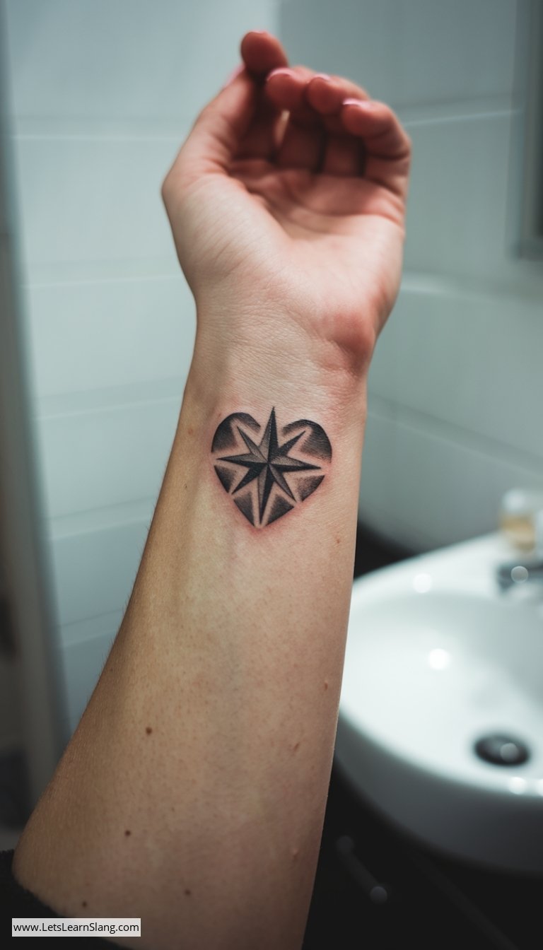 North Star Heart Wrist Tattoo
