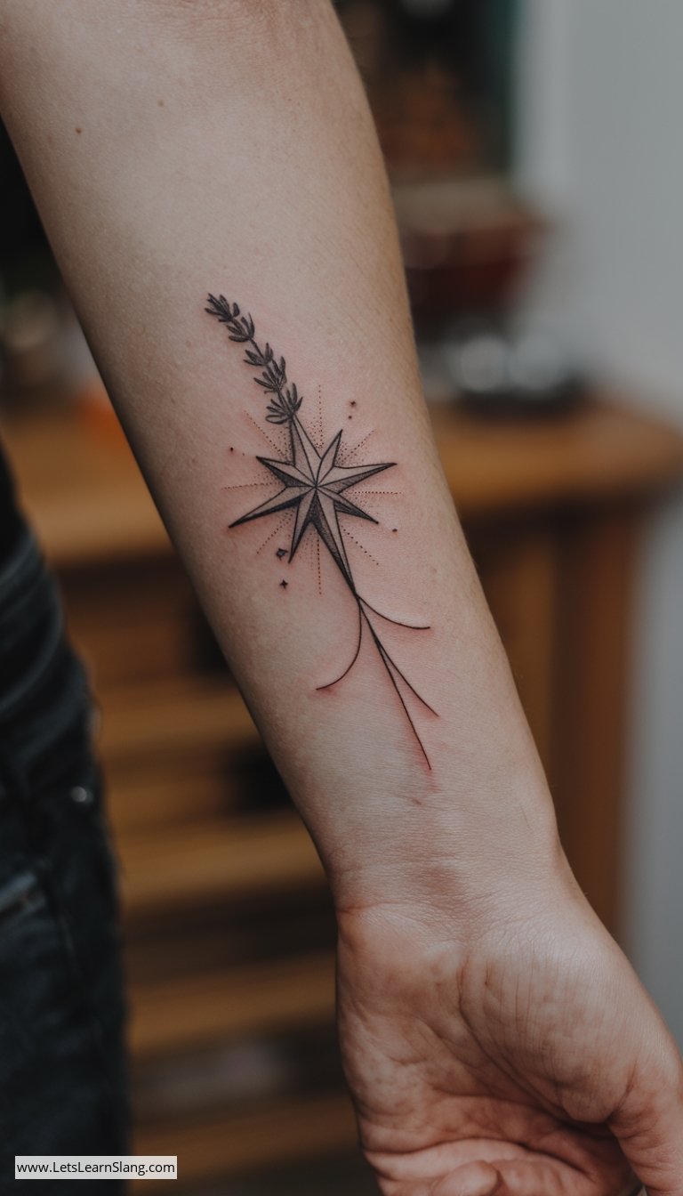 North Star and Lavender Wrist Tattoo