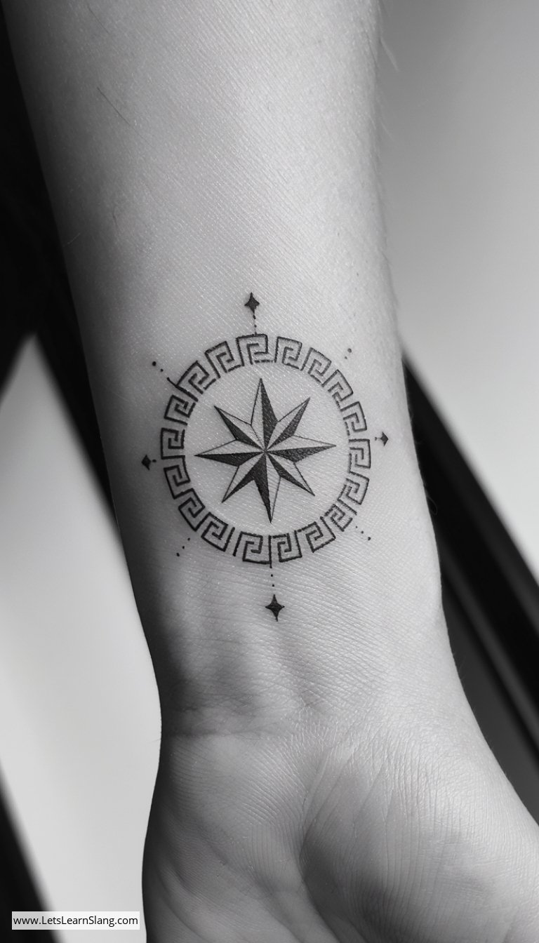 North Star with Greek Key Wrist Tattoo