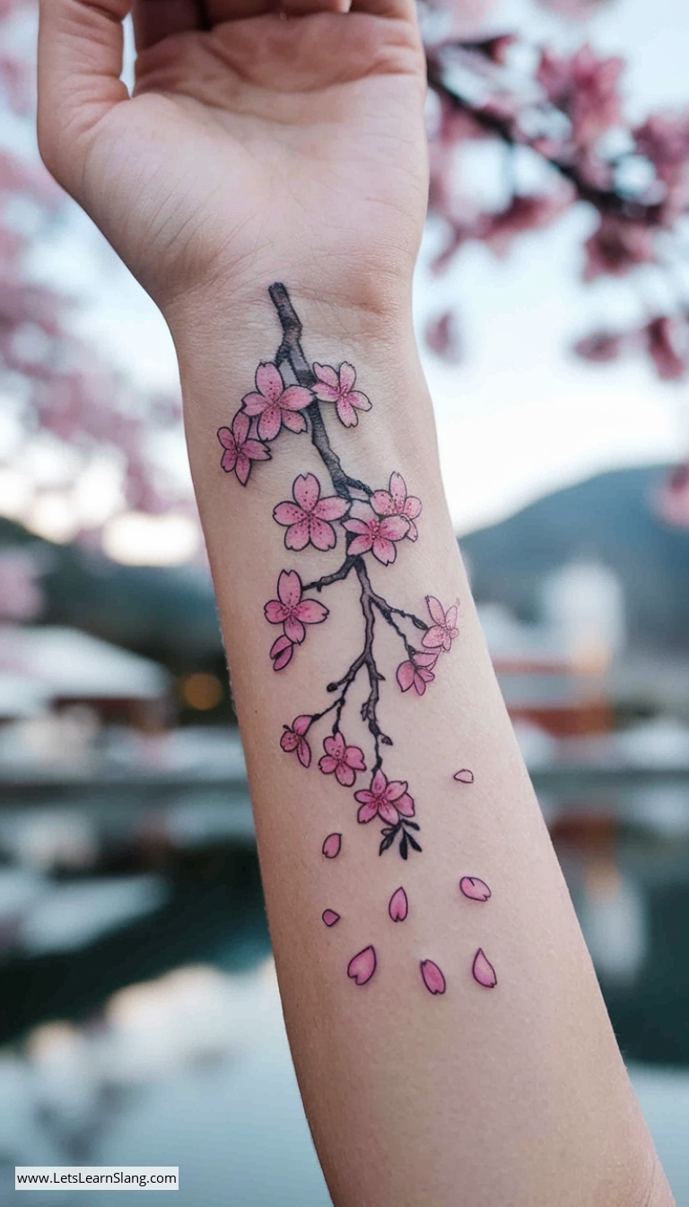 Painted Cherry Blossom Wrist Tattoo