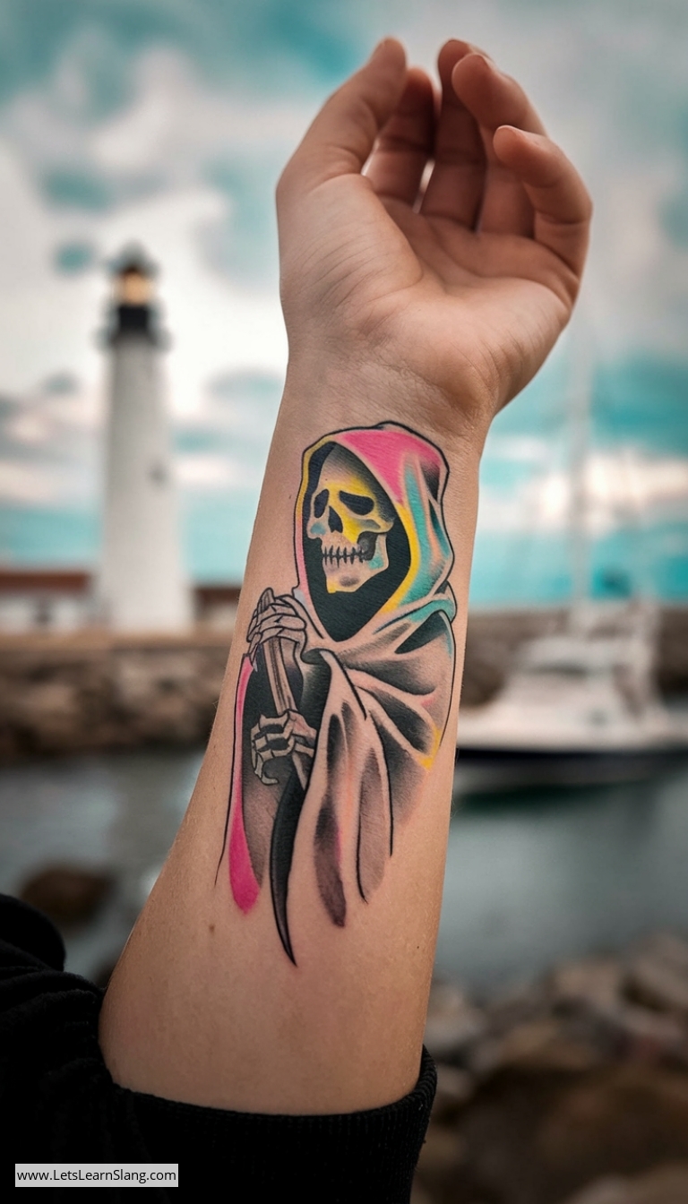 Pastel Grim Reaper Wrist Tattoo