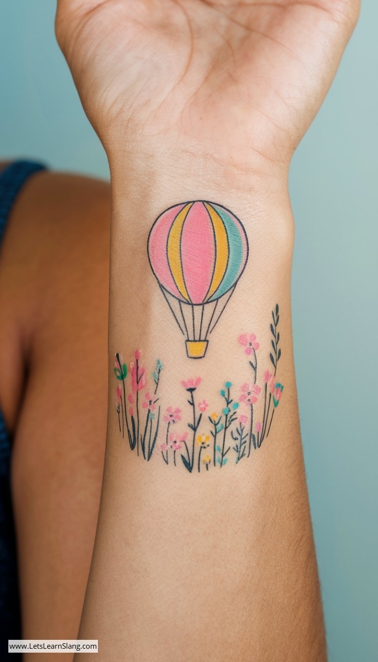 Pastel Hot Air Balloon Wrist Tattoo