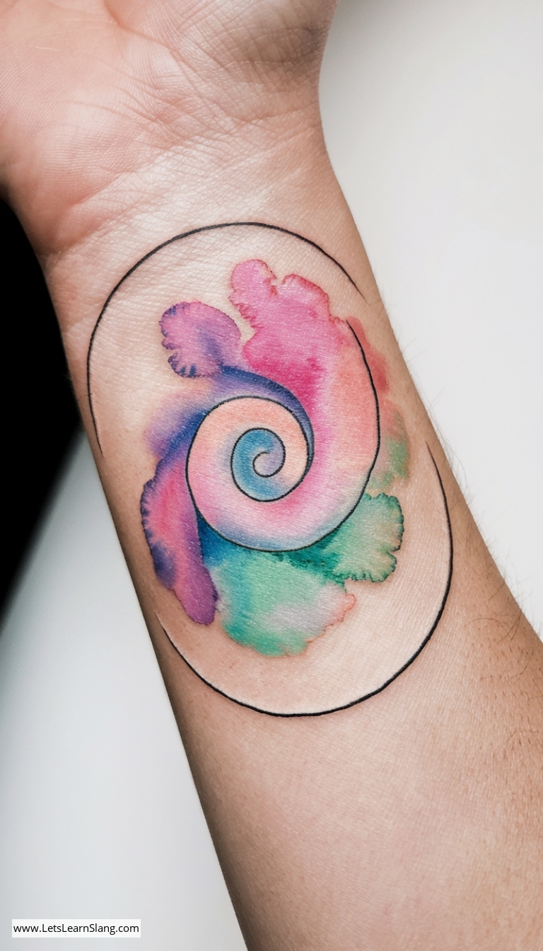Pastel Watercolor Spiral Wrist Tattoo
