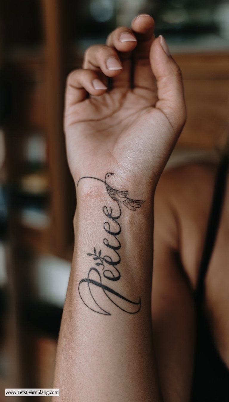 Peace Dove Script Wrist Tattoo