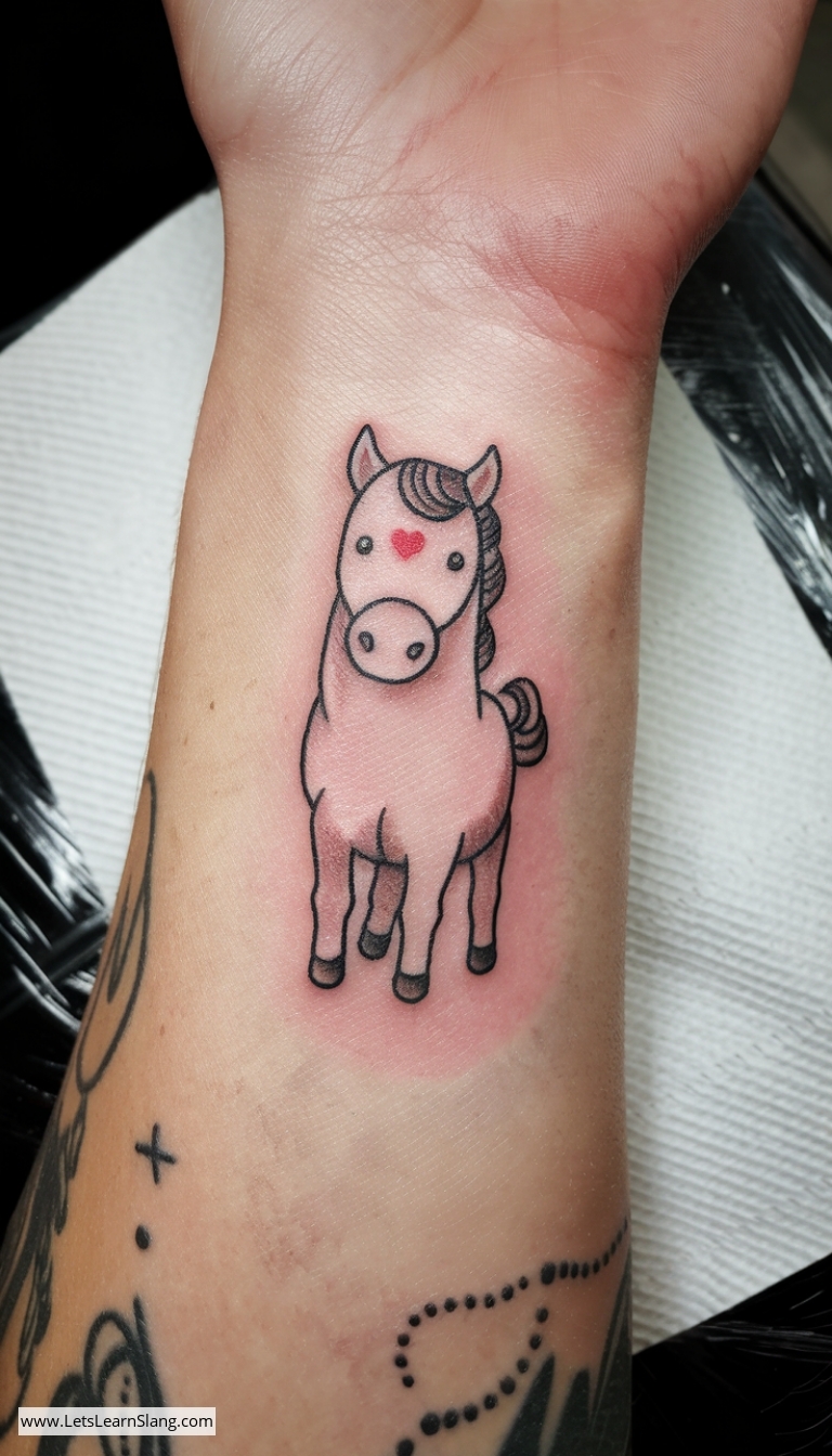 Petite Heart-Marked Horse Wrist Tattoo