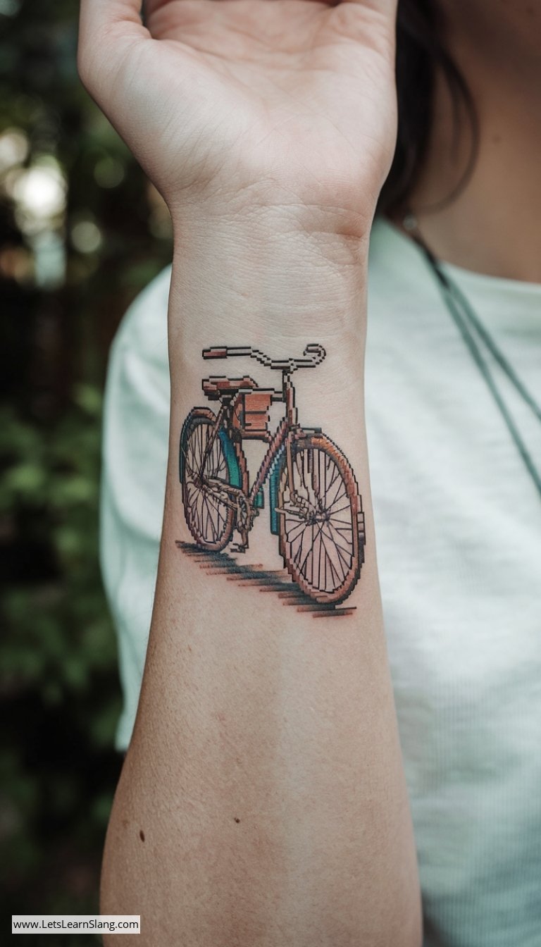 Pixel Art Bicycle Wrist Tattoo