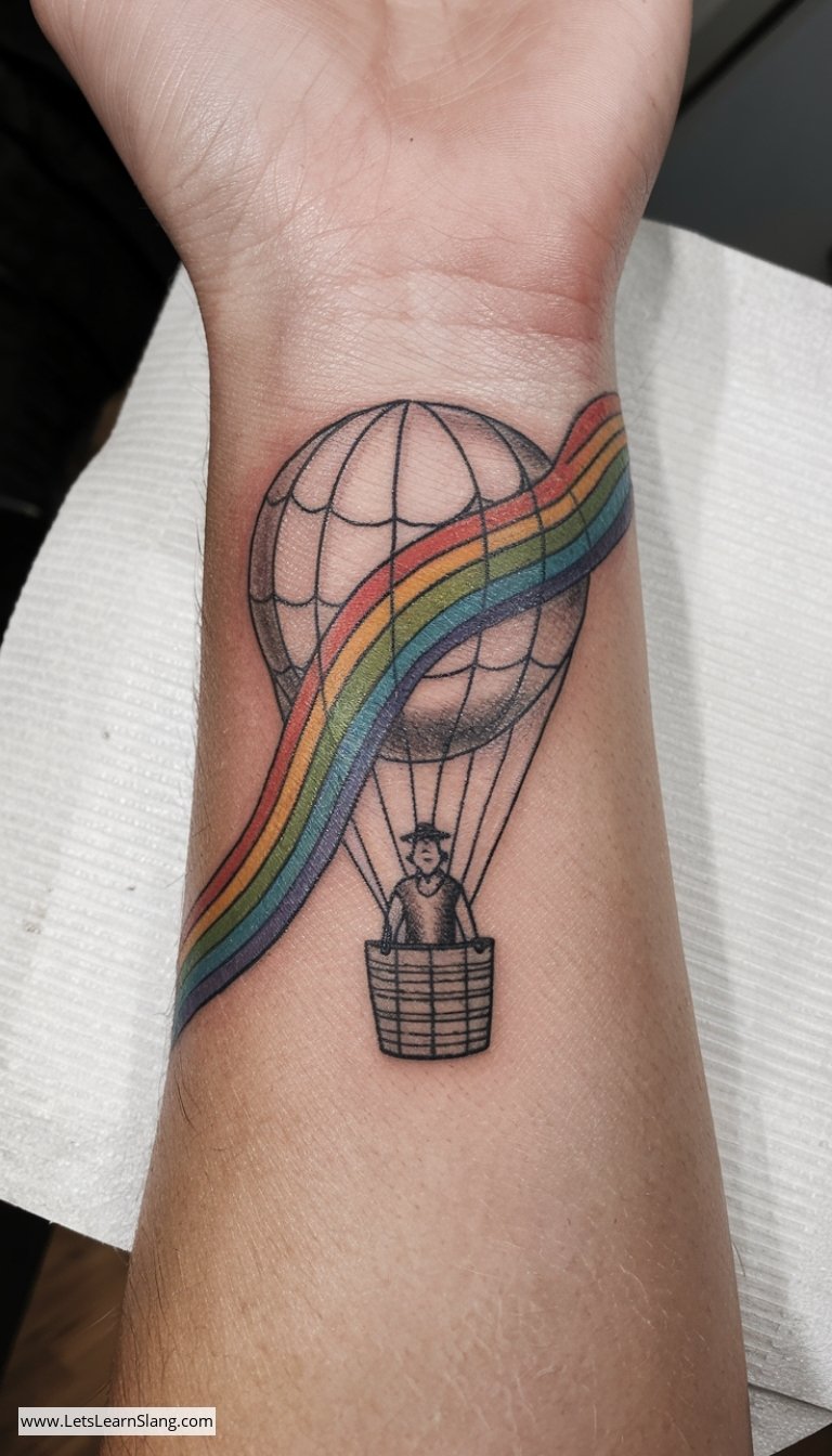 Rainbow Trail Hot Air Balloon Wrist Tattoo