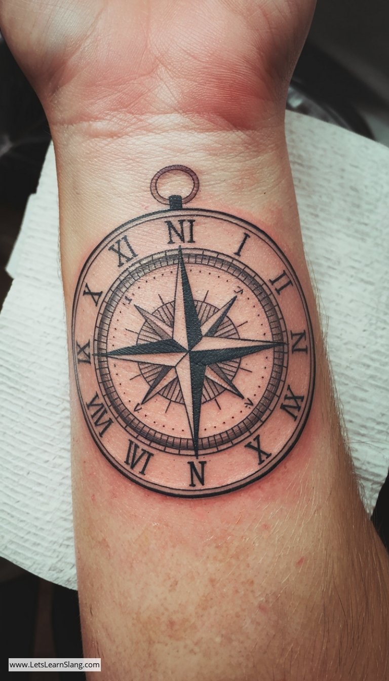 Roman Numerals Compass Wrist Tattoo