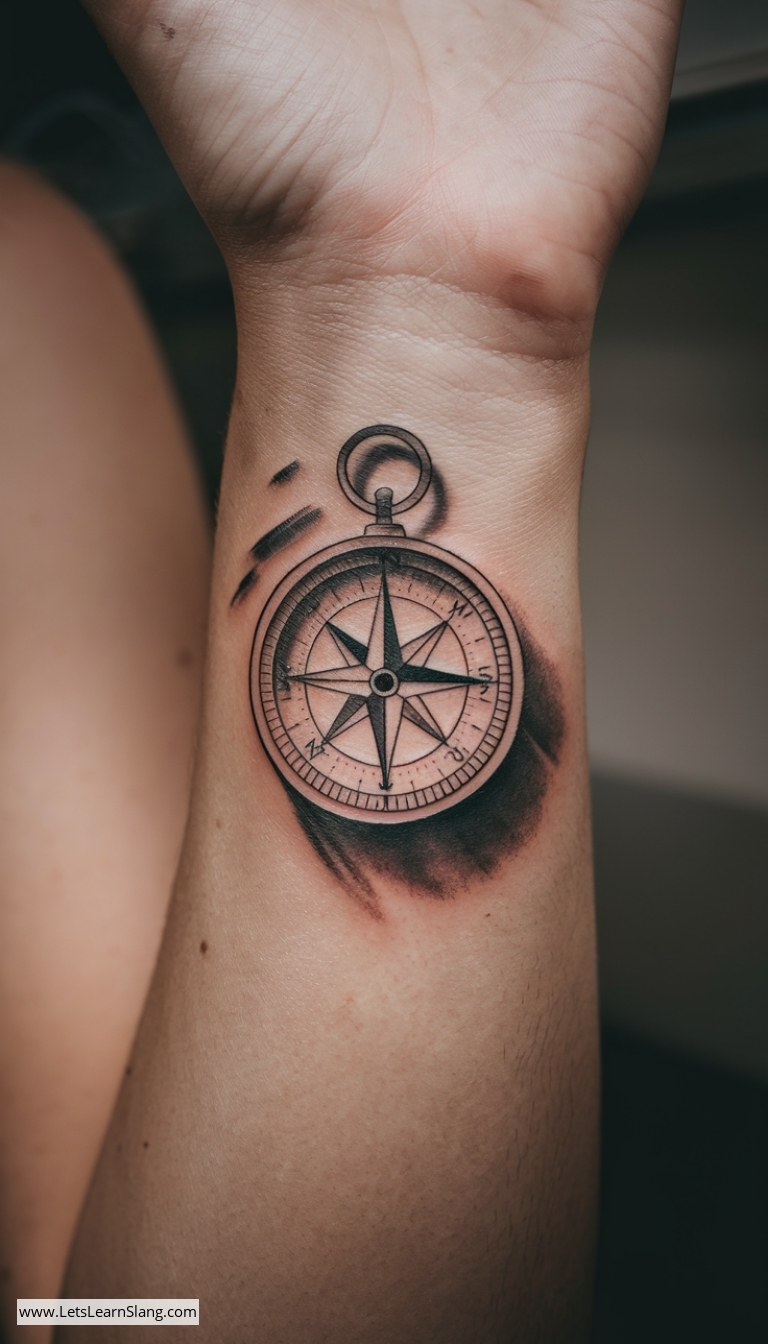 Shadowed Compass Wrist Tattoo