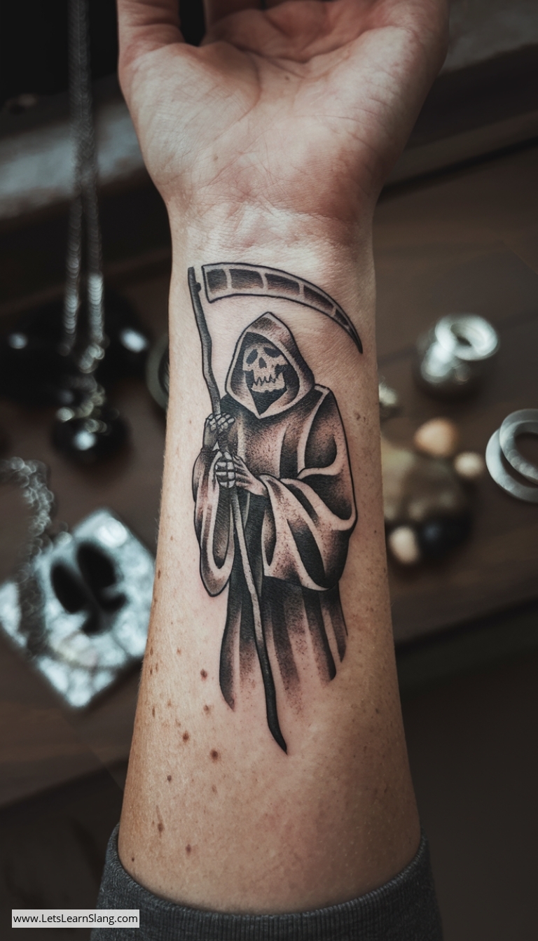 Shadowy Grim Reaper Wrist Tattoo