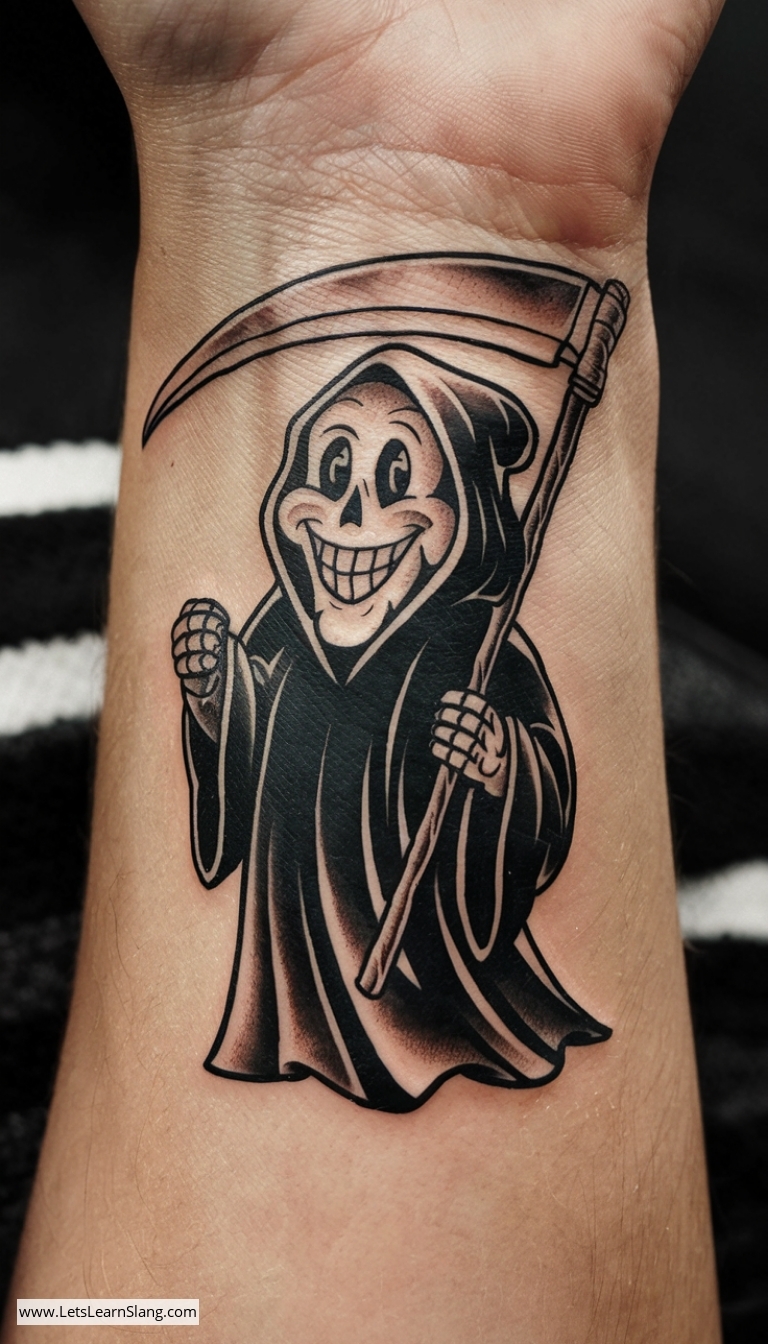 Smiling Grim Reaper Wrist Tattoo