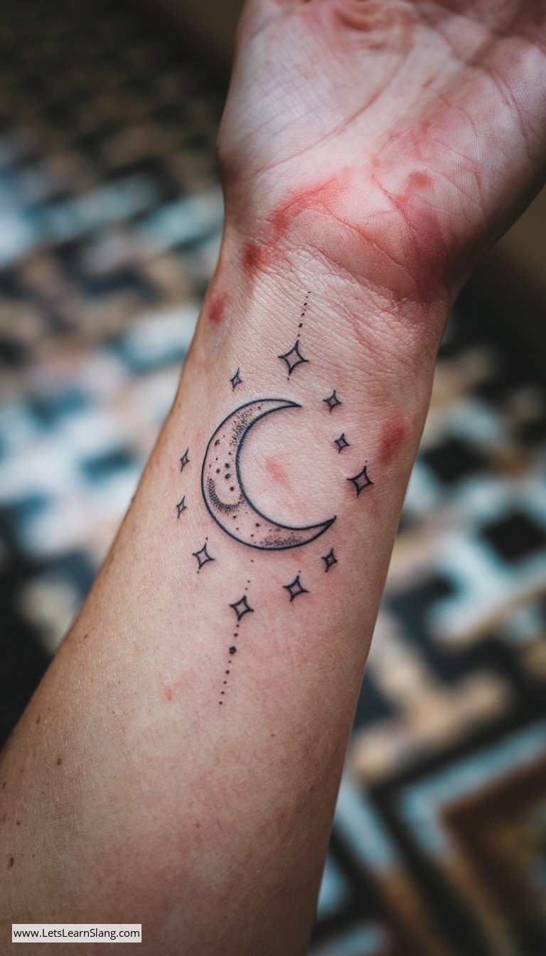 Starry Crescent Moon Wrist Tattoo