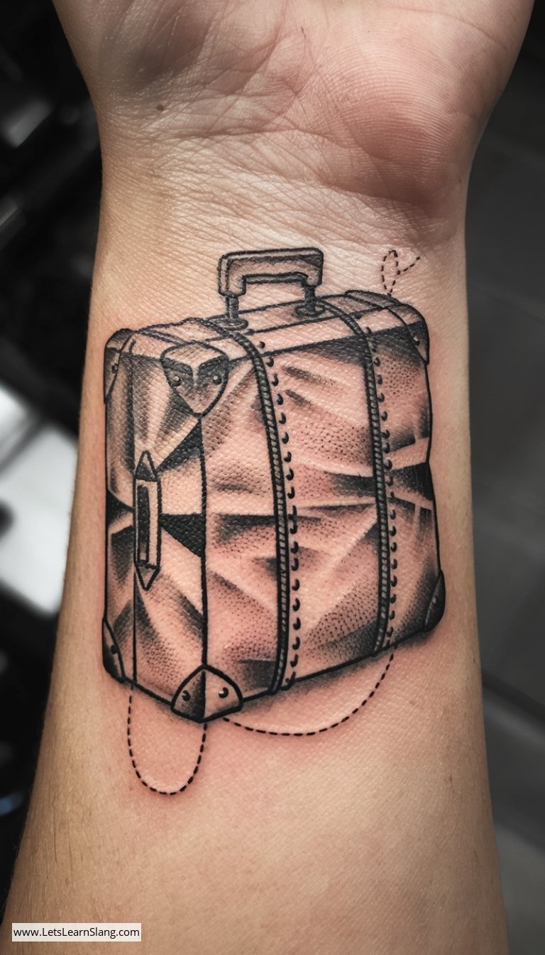 Stitched Suitcase Wrist Tattoo