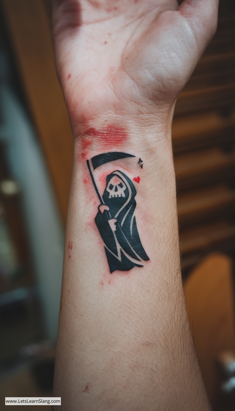 Stylized Grim Reaper with Heart Wrist Tattoo