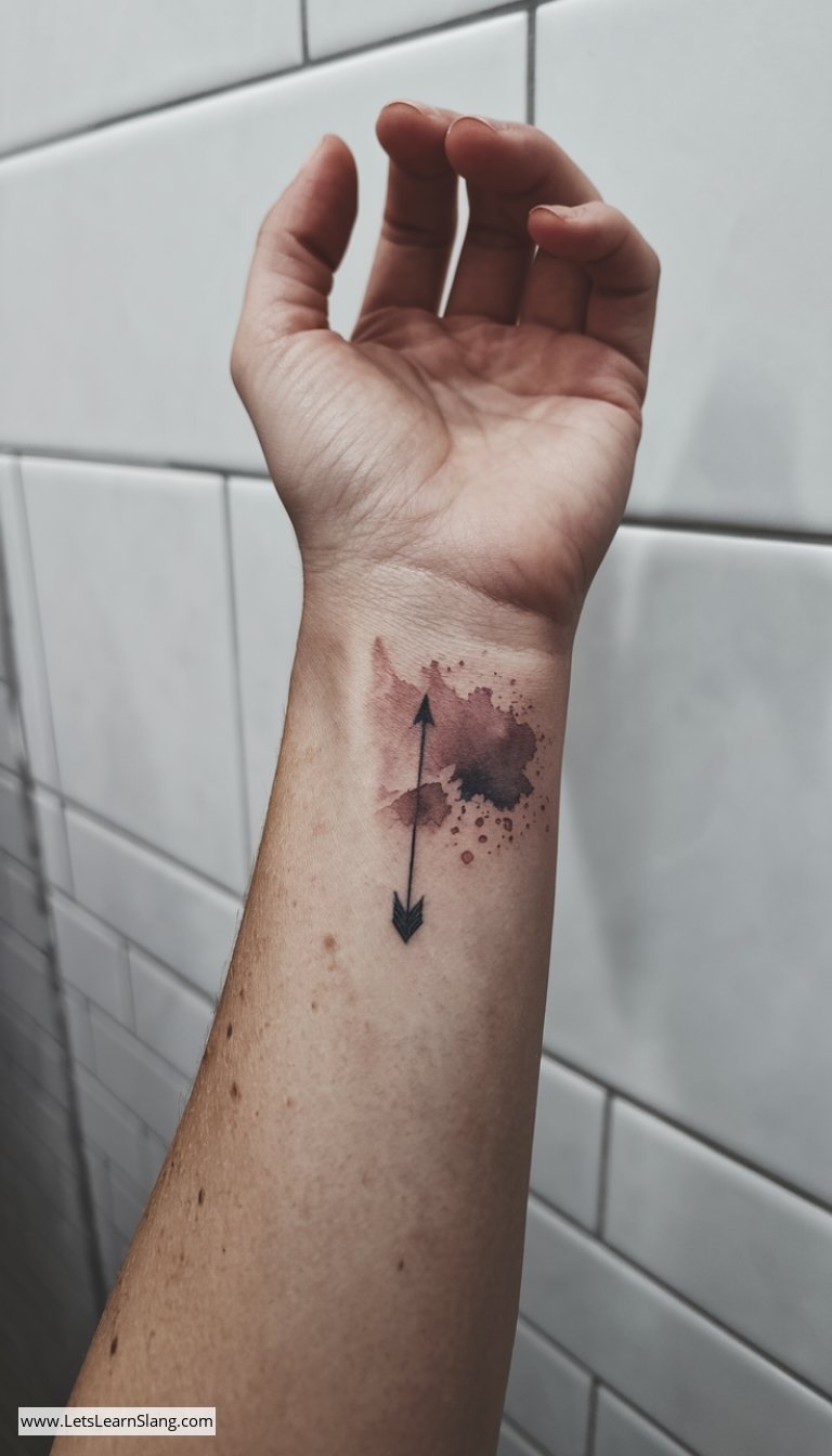 Subtle Arrow with Watercolor Splash Wrist Tattoo