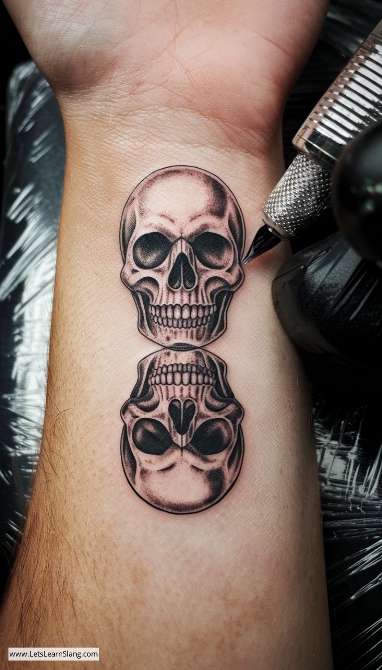 Symmetrical Skull Reflection Wrist Tattoo