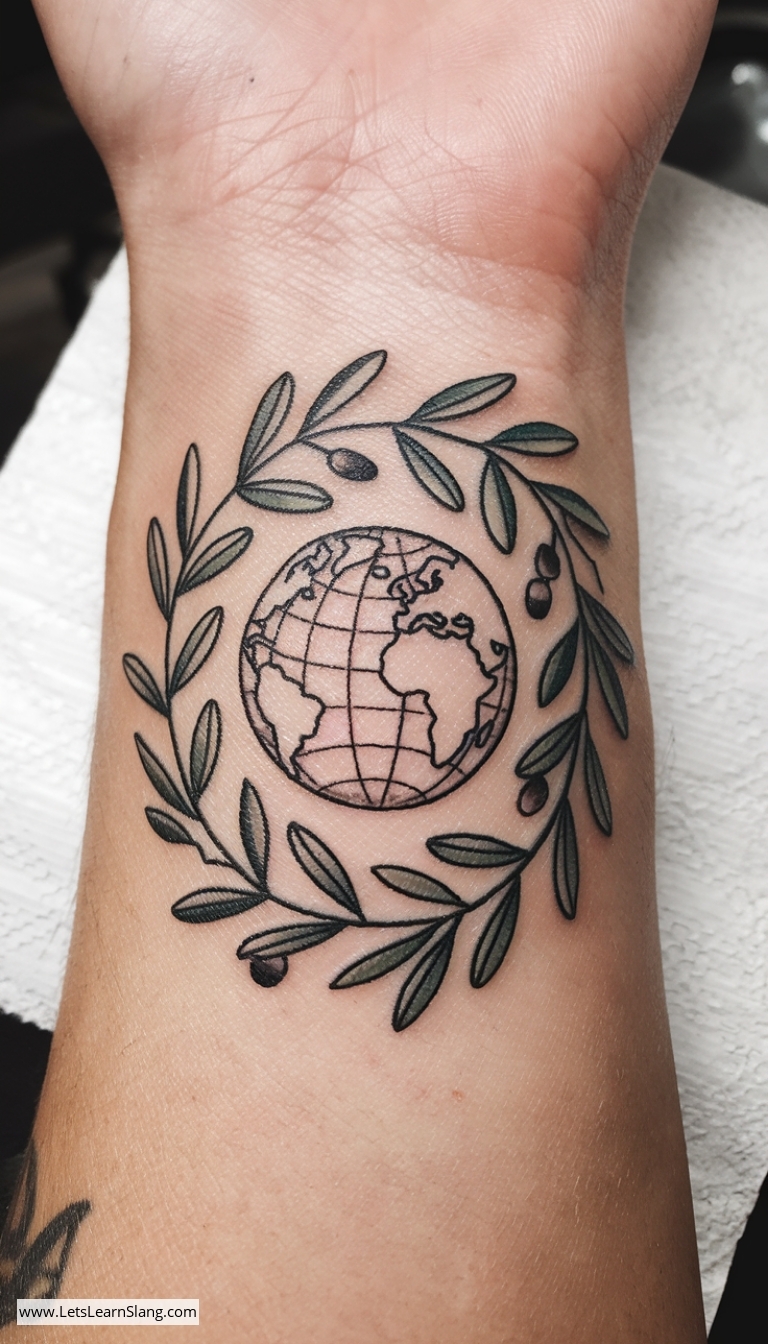Tiny Globe and Olive Branches Wrist Tattoo