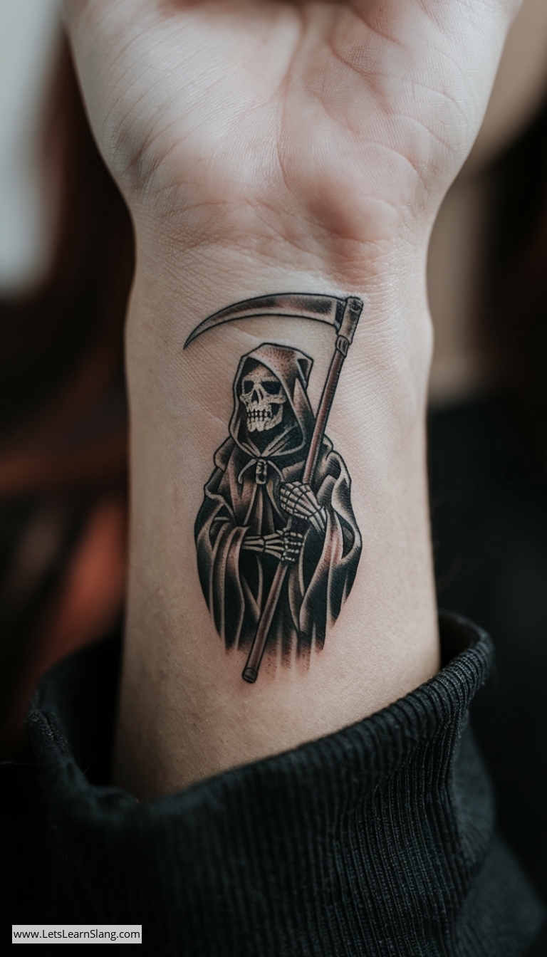 Tiny Grim Reaper Wrist Tattoo