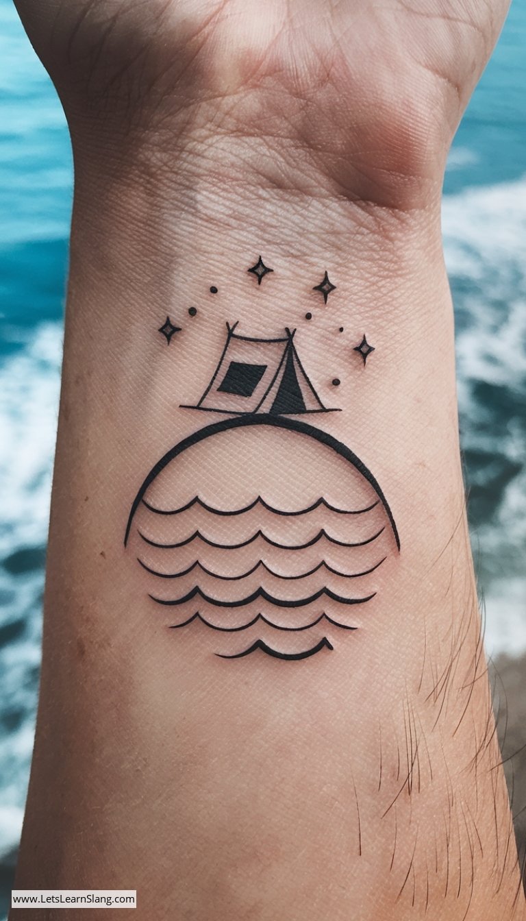 Tiny Tent Under Horizon Wrist Tattoo