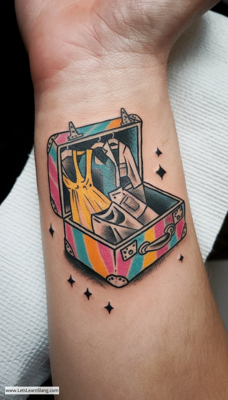 Vibrant Suitcase Wrist Tattoo