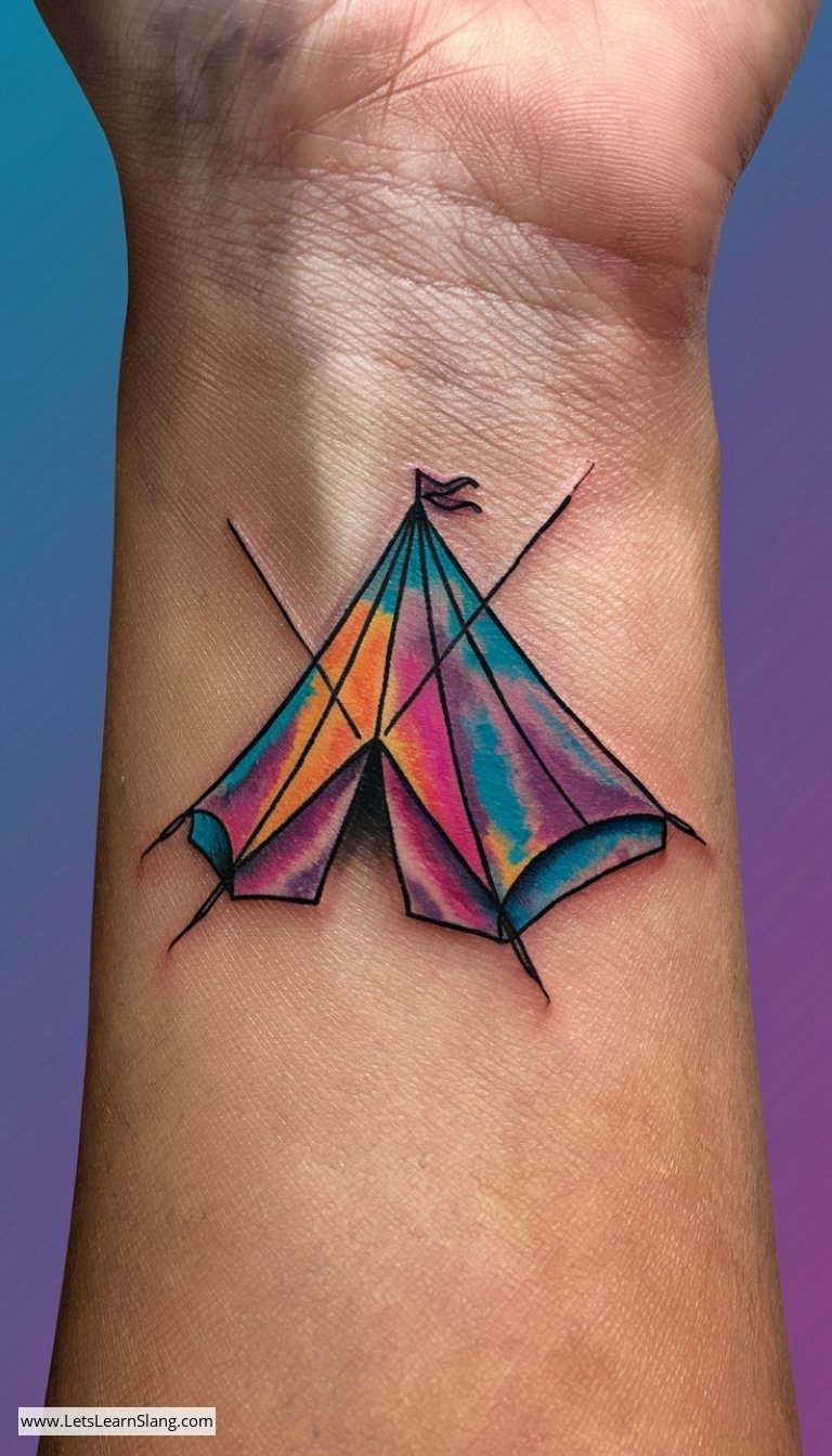 Vibrant Watercolor Tent Tattoo
