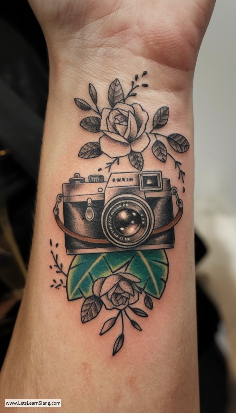 Vintage Camera Wrist Tattoo for Women