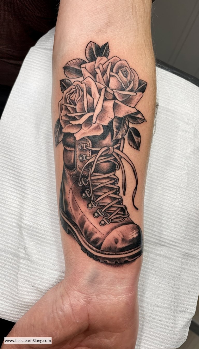 Vintage Hiking Boot and Roses Wrist Tattoo