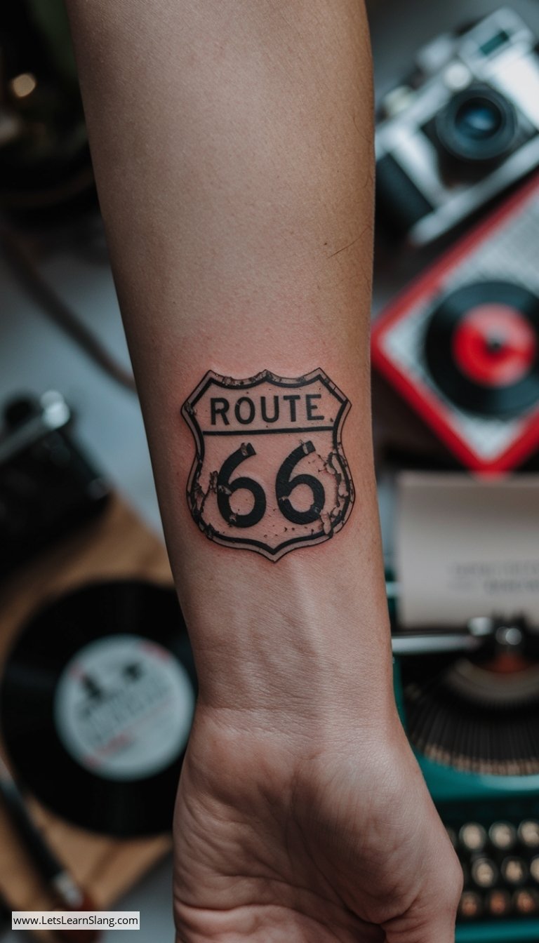 Vintage Route 66 Marker Wrist Tattoo