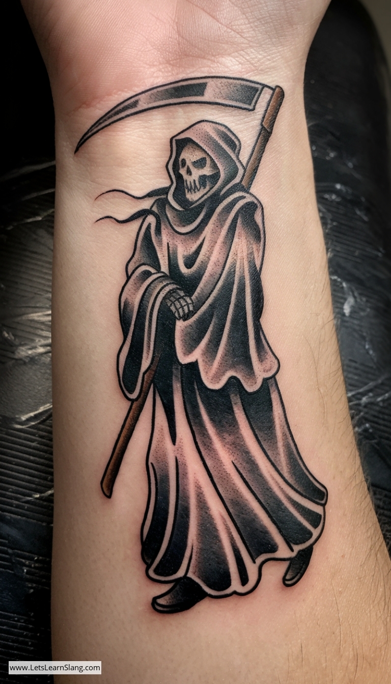 Walking Grim Reaper Wrist Tattoo