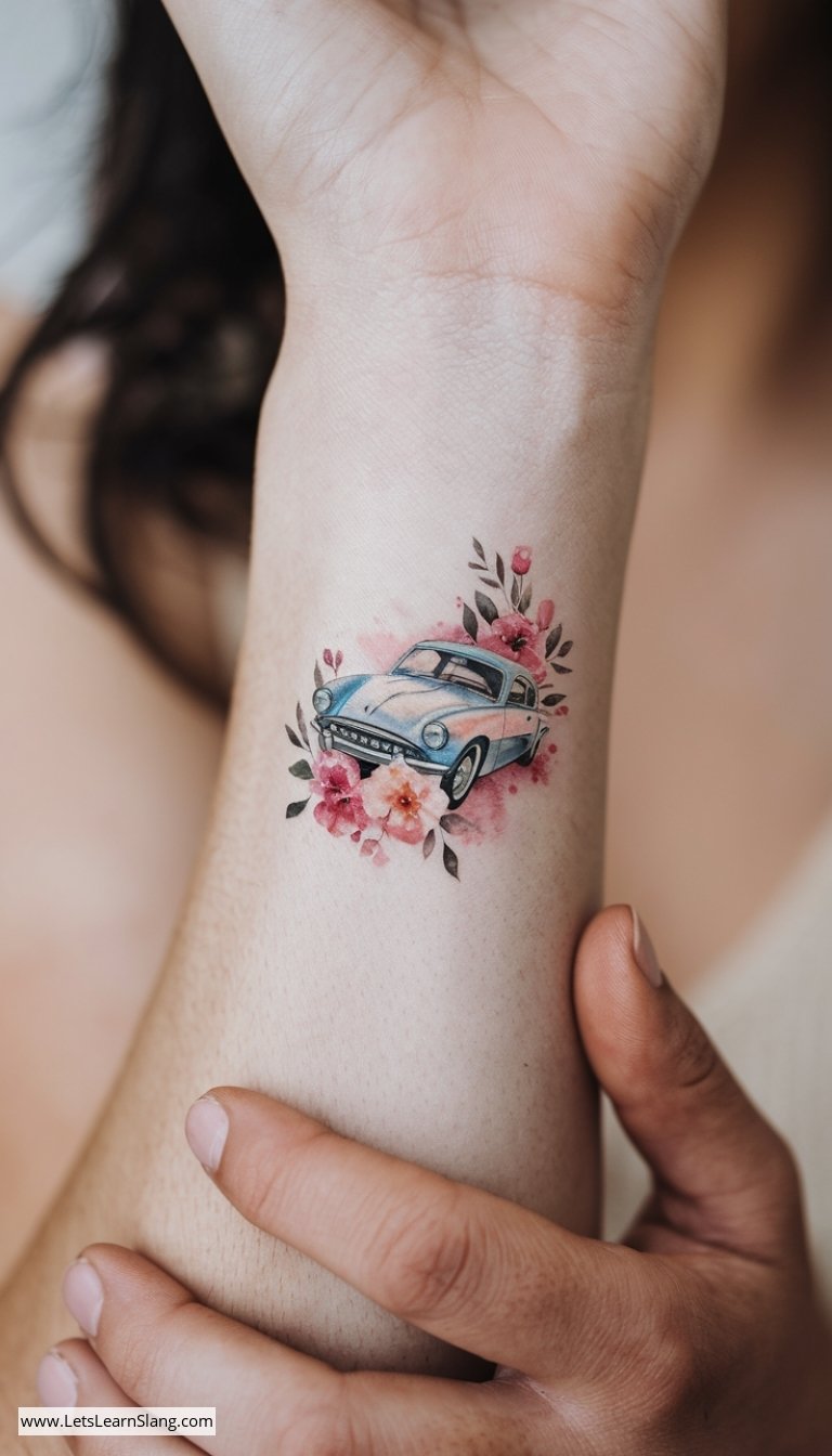 Watercolor Car with Floral Accents Wrist Tattoo