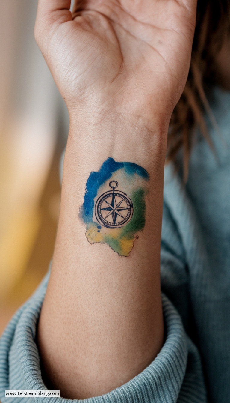 Watercolor Compass Wrist Tattoo