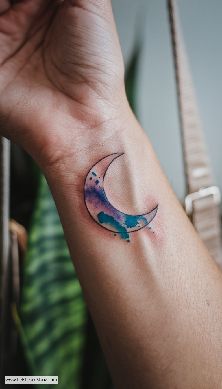 Watercolor Crescent Moon Wrist Tattoo