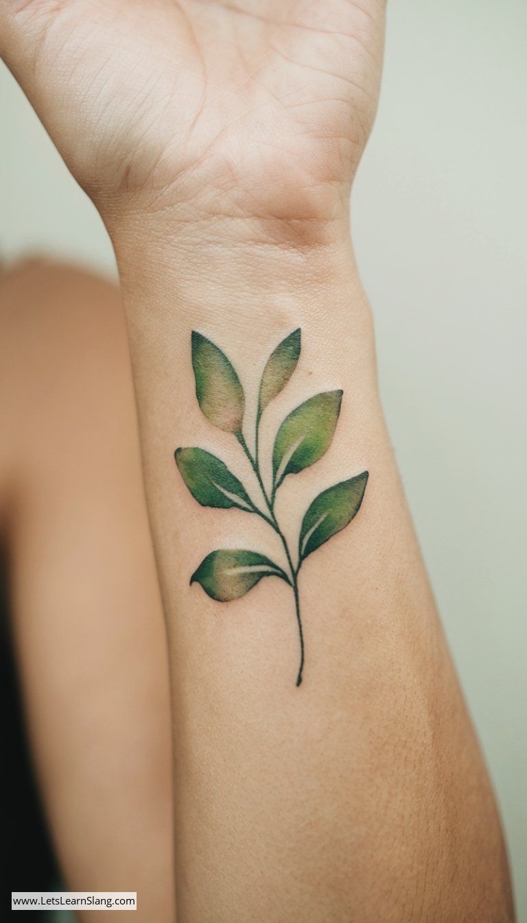 Watercolor Green Leaf Wrist Tattoo