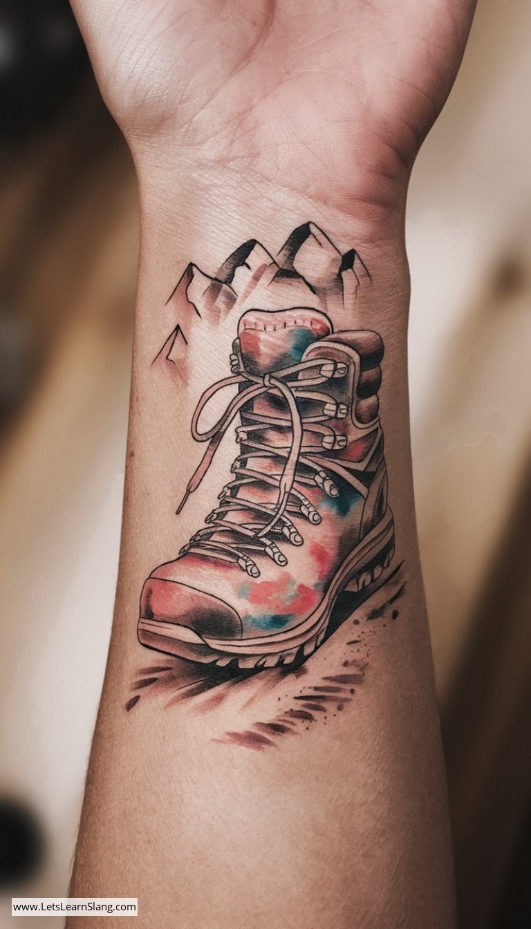 Watercolor Hiking Boot Wrist Tattoo
