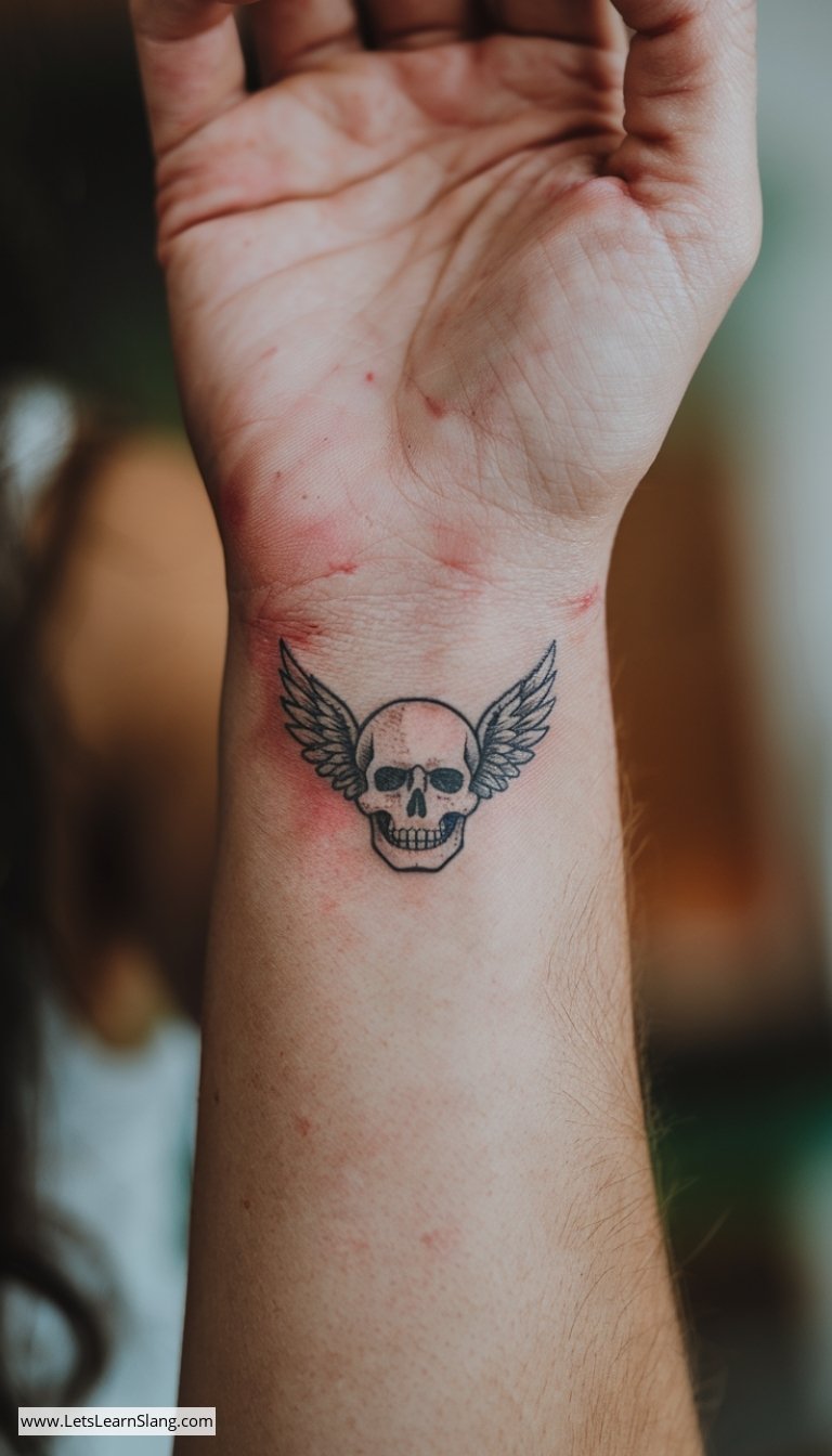 Winged Skull Wrist Tattoo