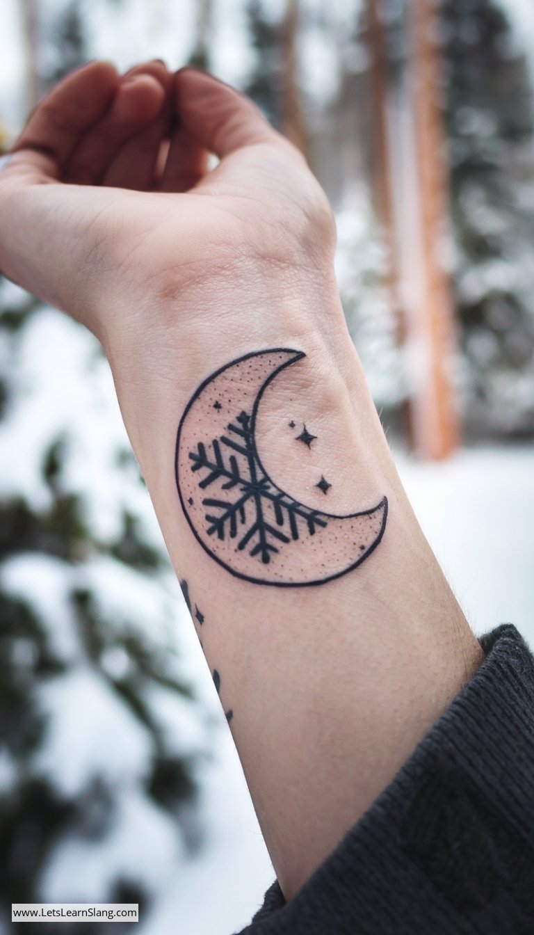 Wintry Crescent Moon Wrist Tattoo
