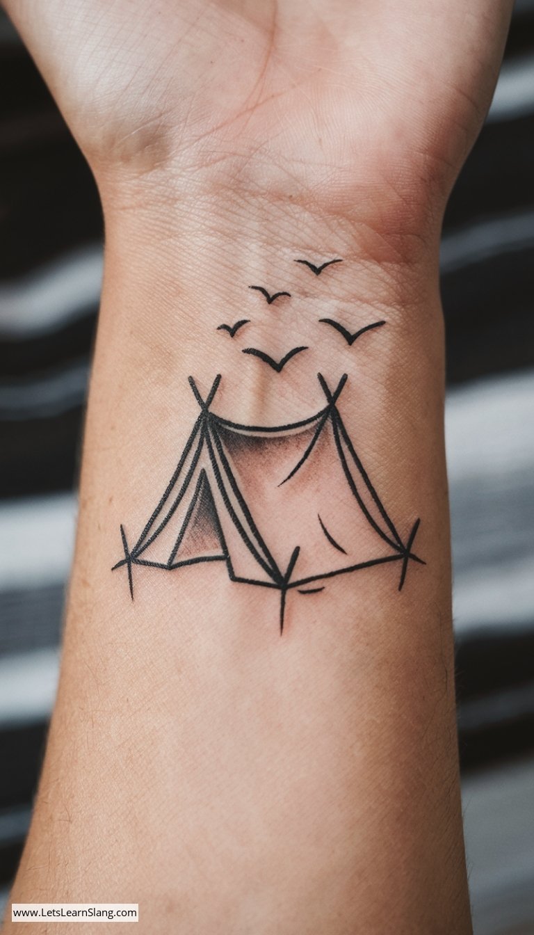 Wrist Tent and Birds Tattoo